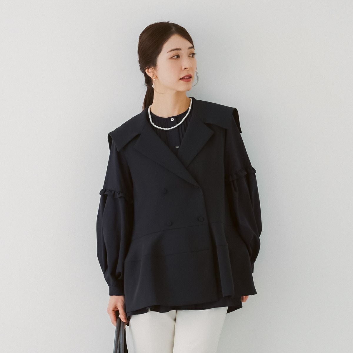 SONO NAVY】-Harmony DOT JQ-レディペプラムチュニックブラウス