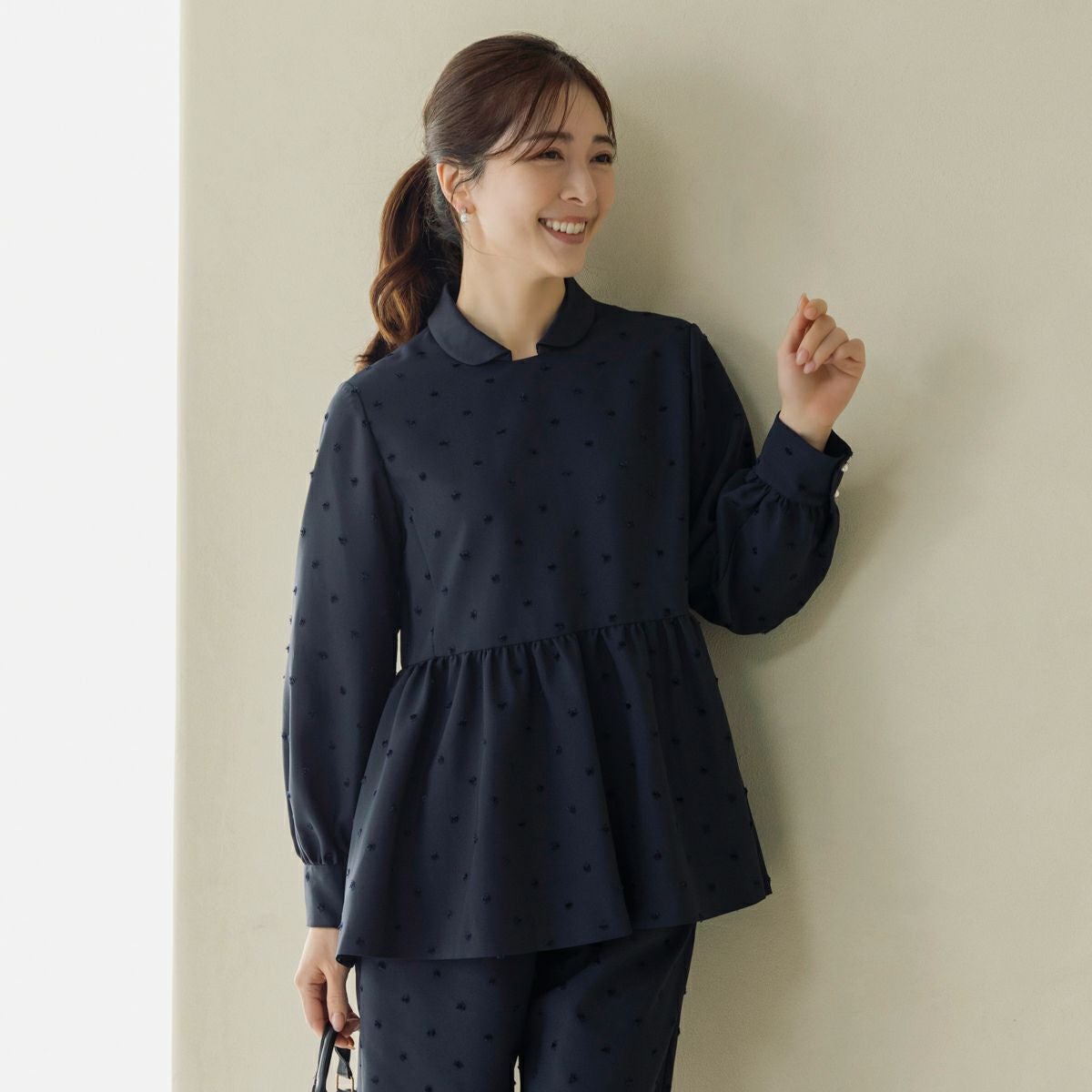 SONO NAVY】-Harmony DOT JQ-レディペプラムチュニックブラウス